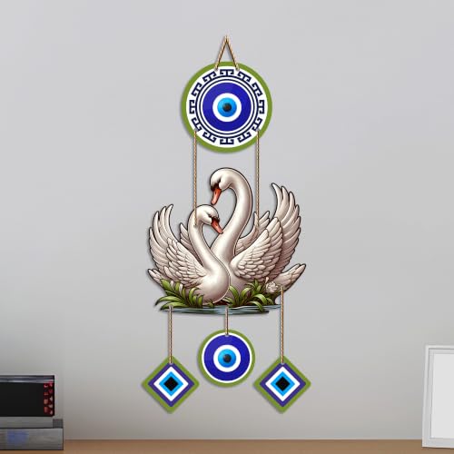 Image of Artvibes White Swan Couple Evil Eye Wall Hanging for Home Entrance & Main Door | Decorative Nazar Battu Vastu Decor for Living Room | Bedroom | Love Harmony Positive Energy Wall Accent (WH 85128N)