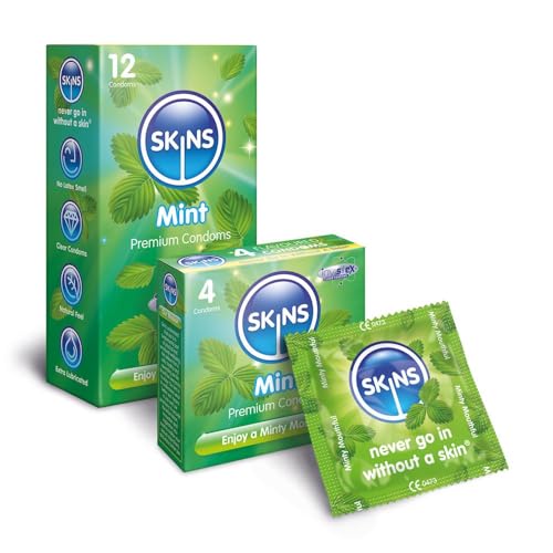 Caja grande de condones con sabor a menta Premium Skins - Condones con sabor ultrafinos para uso oral y sexual - Condones con lubricante con sabor extra para mayor placer - Paquete de 100 condones