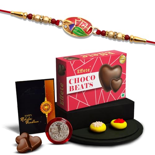 Image of Oblivion (K1 132 CB32) Multicolor Rakhi with Effete Chocolate Beats 32gm, Silver Color Pooja Coin, Roli Chawal & Greeting Card| Rakhi for brother with gift | handmade rakhi |rakhi combo for brother | stylish rakhi for brother | set of 1 Rakhi |