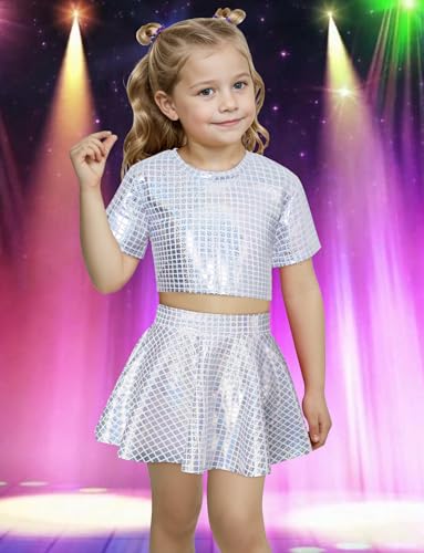 Image of Sequin Top for Girls with Shiny Skirt Disco 0utfit Metallic Dress Performance Kids 3-13T