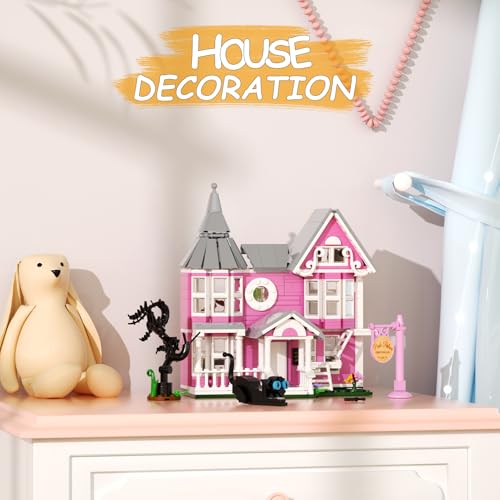 Image of Pink Palace House Building Set, Halloween Mansion Model Toys Kit, Haunted House Building Blocks, Compatible with Lego, Horror Architecture for Kids Adults, Christmas or Holiday (566PCS)