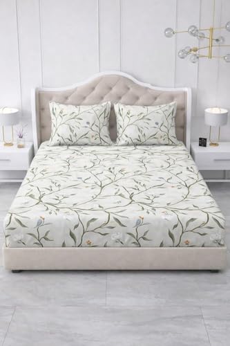 Image of 300 TC Cotton Feel Glace Cotton Elastic Fitted Bedsheet for King Size Double Bed | Fits up to 8 Inch Mattress | Printed Bedsheet with 2 Pillow Covers (White Leaf, Double Size - 72 inchx72 inch)