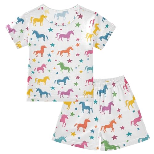ALAZA Colorful Unicorn Star White Pajamas Set Short Sleeve Cotton Sleepwear Summer Pjs 2 Piece 5-14Y