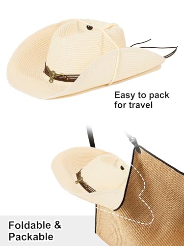 Image of Straw Cowboy Sun Hat Western Cowgirl Women Men with Windproof Chin Strap