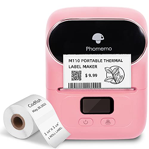 Phomemo M110 Bluetooth Label Maker - Portable Barcode Printer, Mini Wireless Thermal Label Maker Machine for Retail, Address, Jewelry, Home, for iOS & Android, with 40mm x 30mm Label (1 Roll of 100)