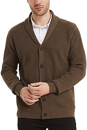 Kallspin Men's Merino Wool Blended Cardigan Sweater Relaxed Fit Shawl Collar Knitted Button Cardigan with Pockets (Dark Brown, 2X-Large)