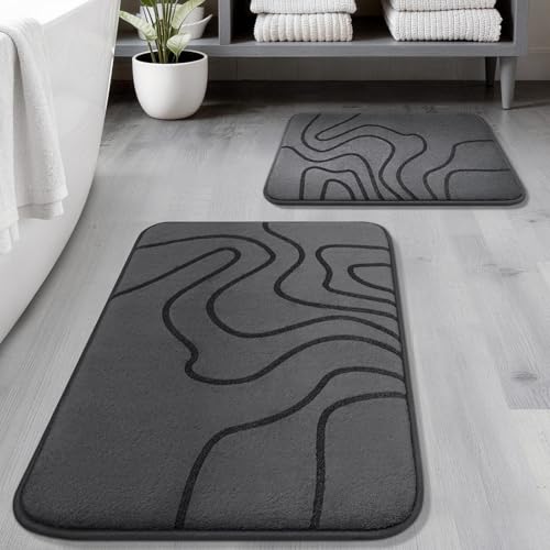 YIHOUSE Memory Foam Bathroom Rugs Sets 2 Piece - Extra Thick Ultra Soft Absorbent Bath Mat Set Non-Slip Machine Washable Bath Rugs for Bathroom Tub & Shower Home Decor (32x20+24x17 Dark Grey)