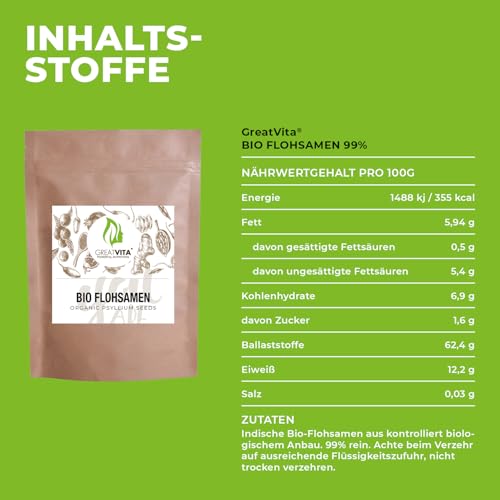GreatVita Bio Flohsamen 1000g | 99% reine ganze Flohsamen - zertifizierte Bio-Qualität aus Indien | reich an Ballaststoffen & glutenfrei, vegan - ideal für eine gesunde Ernährung