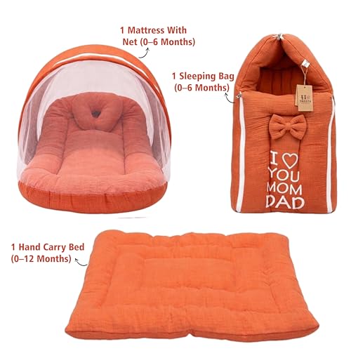 Image of Fareto Combo of Baby Bed with Net | Carry Bag | 4 Pcs Bedding Set (0-6 Months, Baby Size, Cotton) (Gajri M)