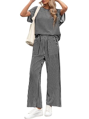 Conjunto de 2 piezas a rayas para mujer con pantalón de pierna ancha
