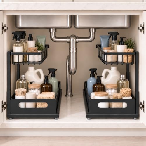 Under Sink Organizer, 2-Tier Pull-Out Metal Drawer, 2 Pack