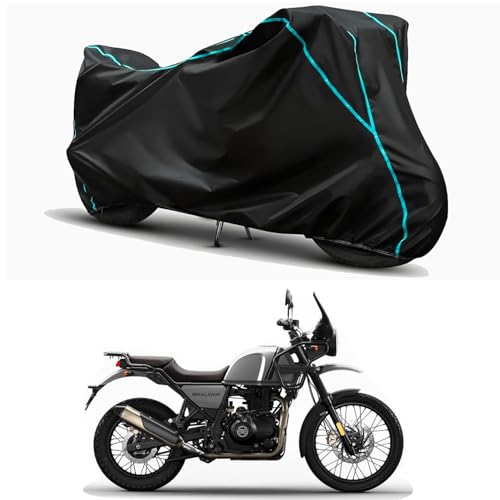 Image of Waterproof Bike Body Cover Compatible for | Royal Enfie Himalayan Mirage | Taffeta Fabric, Sky Piping Design, Bottom Elastic Fit | Dustproof, Sun UV & Rain Protection for All Weather.