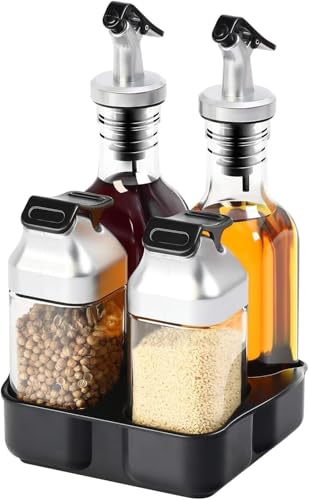 Set di 5 dispenser per olio d'oliva e aceto, in vetro, con ripiano (set da 5), design antigoccia (1 set)