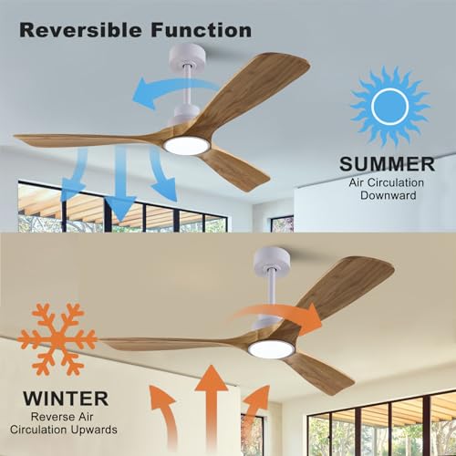 Image of QUTWOB 52 inch Wood Ceiling Fan with Light, Reversible DC Motor, Remote Control | solid wood blades, quiet 6-speed reversible dc motor, remote with memory, 3-color led, for indoor outdoor patio bedroom