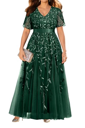 Image of Pinup Fashion Plus Size Formal Dresses - Evening Gowns Wedding Sequin Embroidery V-Neck Prom Long Dress