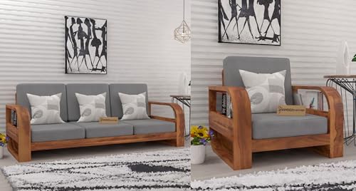 Image of Wooden 4 Seater Sofa Set for Living Room,3- to 4- Person Sofa Sets for Home, 3+1 Seater Sofa Sets for Home, Sheesham Wood (Honey Finish)