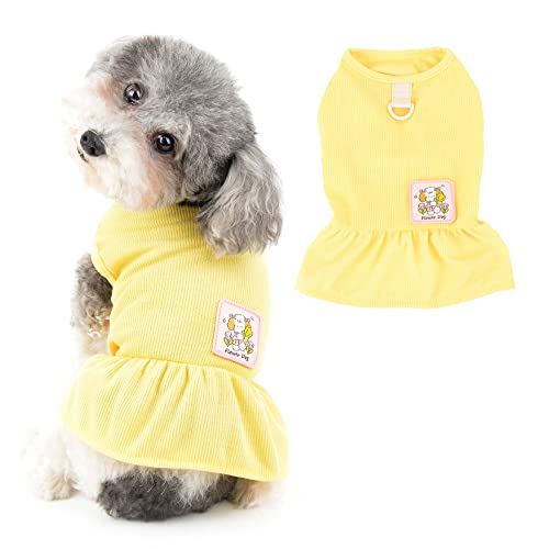 Ranphy Dog Harness Dress for Small Dog Girls Solid Pet Skirts with Cute Doggie Patch Puppy Spring Summer Outfits with D-Ring Chihuahua Yorkie Cats Apparel, Yellow, XS