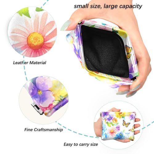 Watercolor Wildflowers Butterflies Coin Purse Leather Pouch Change Purse, Squeeze Coin Pouch for Cards, Keys & Lipsticks, Unisex2