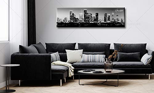 Image of DJSYLIFE Black & White Houston Skyline Canvas Wall Art 13.8 inch x 47.3 inch | Panoramic Skyline Print, Ready to Hang for Bedroom, Office, Living Room Decoration