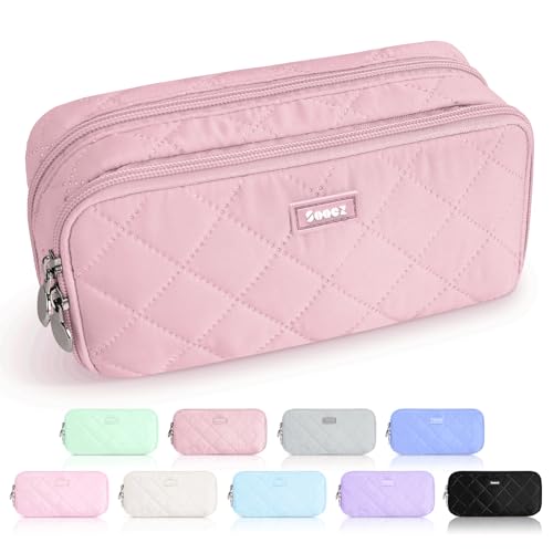 Image of Sooez Large Pencil Case Pouch, Extra Big Pencil Bag with 8 Compartments, Pen Bag Wide Opening, Soft Quilted Pencil Pouch Organizer with Zipper, Portable Pencil Case for Teen Girls, Blush