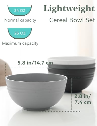 GENLGE 26 OZ Wheat Straw Reusable Cereal Bowls Set of 8, Microwavable Dishwasher Safe BPA Free Unbreakable Kitchen Bowls for Soup Snack Rice Salad - White