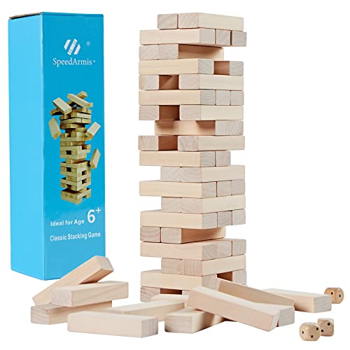 SpeedArmis Mini Tumble Tower, 54PCS Wooden Stacking Game for Teens - Pine Stack Timber Board Games with 4 Dice Set - Classic ‌Xmas Gifts for Teens