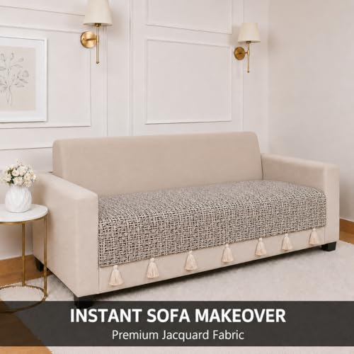Image of STITCHNEST 'Nomad Weave Collection' 1 Seater Sofa Cover|Elegant Jacquard Fabric, Decorative Tassels, Washable & Durable for Modern Living18
