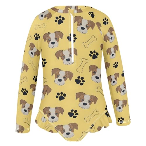 Yellow Dog Bones Footprint Girls Long Sleeve Swimsuit Rash Guard One Piece Bathing Suits Zipper 3-12T2