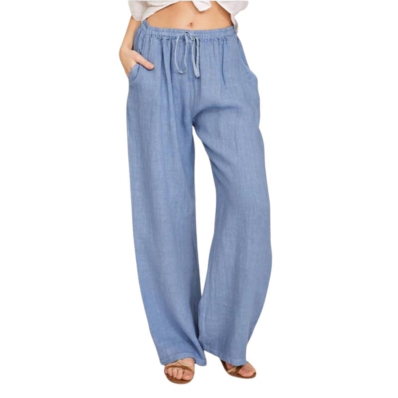 Women's Cotton Linen Yoga Pants | Loose Tie Waist Breathable Straight Leg Trousers-picture-21