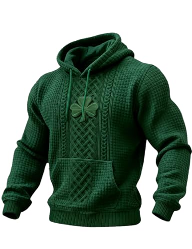 CIVIZILUX Mens Irish Shamrock Hoodie St Patrick Day Pullover Waffle Shirt Shamrock Flag Sweatshirt Men Long Sleeve Crew Neck Hoodies Top For Men Green