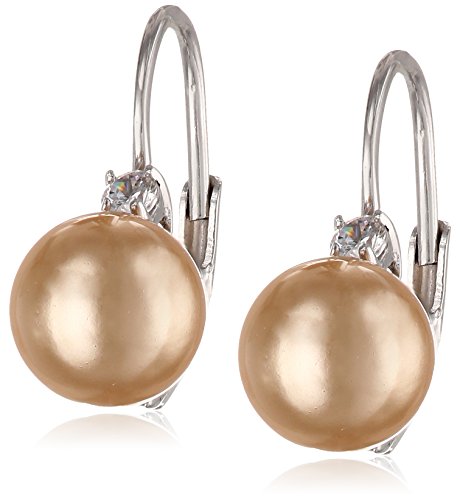 Sterling Silver 8mm Champagne Simulated Shell Pearl and Cubic Zirconia Lever Back Earrings