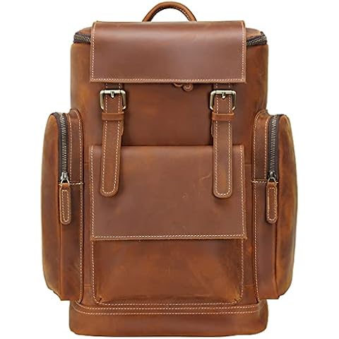 Leather Backpack for Men 15.6 Inch Laptop Large Capacity Vintage College School Bag Hiking Daypack, Brown, L, Travel Cover