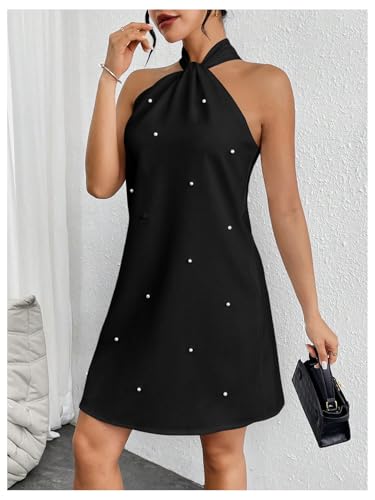 Image of Floerns Women's Pearl Beaded Halter Twist Sleeveless Tie Back Dress A Line Dress