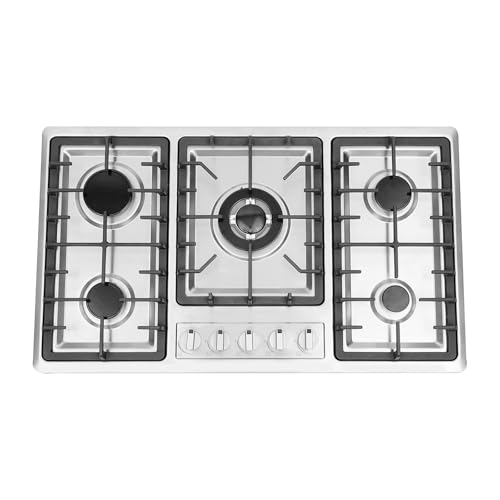 Cocina de gas de 5 fuegos de acero inoxidable (860 x 500 mm) – empotrable 5 zonas de cocina de gas con encendido electrónico y sistema de fallo de llama, fácil de limpiar y encender, gas natural