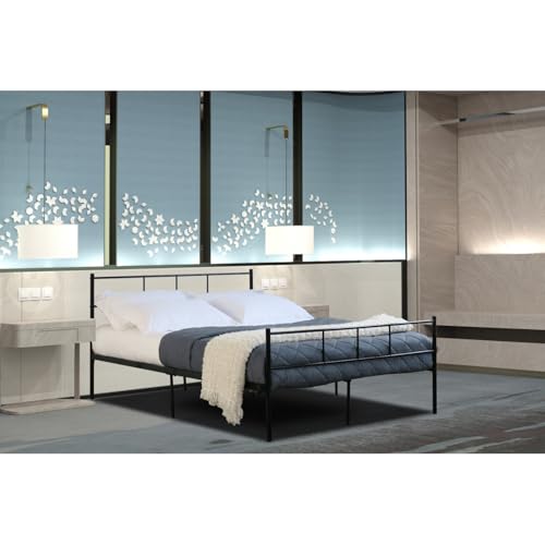 Home Treats Double Bed Frame Solid Metal Black Finish 4ft 6 Bedroom Furniture, Headboard, with Base Storage Space Easy Assembly Adult, Kids and Children (No Mattress, Double - Straight Design)