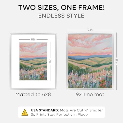 Image of Homeforia 9x11 Silver Picture Frame, High-End Metal, 6x8 Mat, Glass | High End Aluminum, Tempered Glass, Acid-Free 6x8 Removable Mat, 9x11 in Edge-to-Edge Display 11x9, Wall Kit, Set Of 1