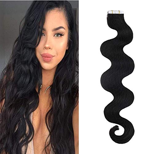 Sunny Black Tape in Hair Extensions Body Wave Tape in Extensions 20inch Seamless Skin Weft Glue in Hair Soft Black Wavy Remy Human Hair 20pcs 50g