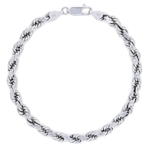 Nuragold 14K Real White Gold Rope Diamond Cut Chain Bracelet 7