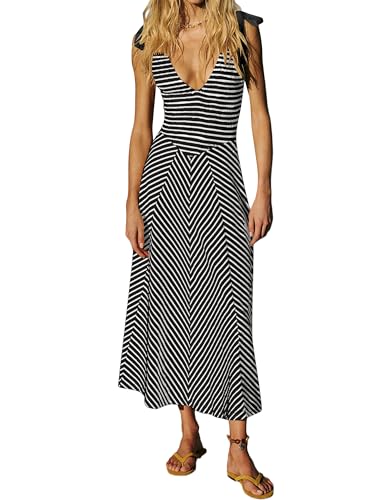 Image of Women Summer Flowy Striped Dresses Smocked V Neck Tank Top Beach Dress Sleeveless Sundress Long Dress with Pockets