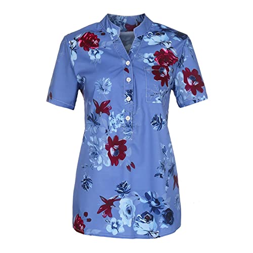 Button Down Shirts For Women Short Sleeve Retro Printing Blouse Plus Size V Neck Easy Tunic Top Shirt With Pocket (Xxl, Blue) #TOP2