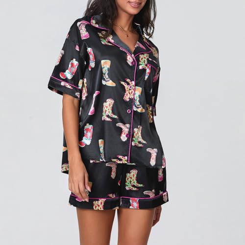 Image of Yiulangde Cowboys Boot Pajamas for Women Y2k 2 Piece Heart Bow Preppy Pjs Coquette Short Sleeve Shirts Matching Pj Shorts Set