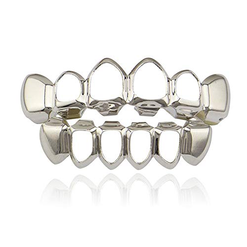 WXHJM Hiphop Teeth Grillz Set Hollow Plated Gold Tooth Set for Mouth Top Bottom Hip Hop Teeth Grills for Teeth Mouth Gold/Sliver Tooth Caps for Men/Women Gifts - 2 Sets
