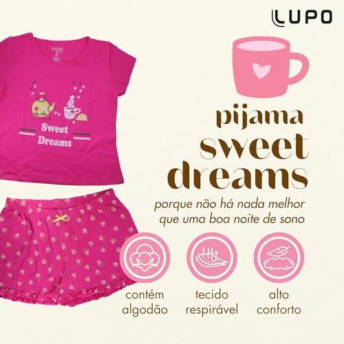 LUPO Conjunto Pijama Estampado Rosa Confortável Algodão Cotton Feminino Adulto, Cereja, G