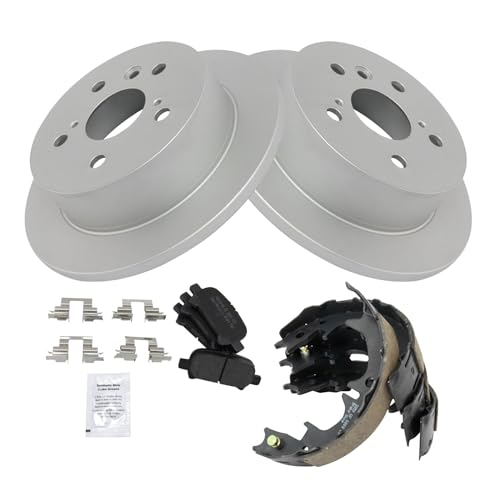 Image of TRQ Rear Brake Pad and Rotor Set Semi Metallic G Coated Rotors Parking Shoe Compatible with 2005-2007 Toyota Avalon 2002-2006 Camry 2004-2008 Solara