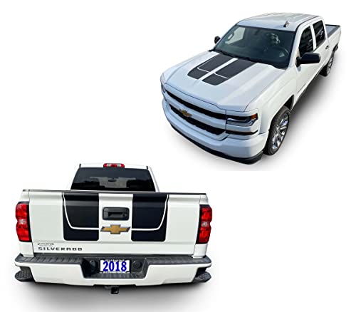 Elevate Graphics - Fits Chevy Silverado Rally Beast Stripes Hood Tailgate Graphics Auto Vinyl 3m Decals and Stickers Years 2016-2018