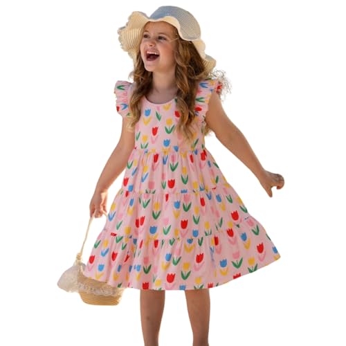 Image of HILEELANG Girls Cotton Tiered Dress Flutter Ruffle Sleeve Summer Swing Sundress Birthday Party Casual Outfit Colorblock 2-12Y