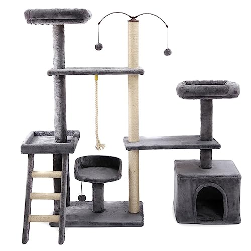 Arranhador de gato grande, luxuoso, ajustável, multifuncional com casa, camas, poleiros, escada e br
