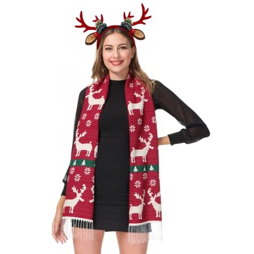 Unisex Christmas Scarves for Women Men Boys Girls Christmas Winter Scarf with Reindeer and Snowflake Pashmina Shawl Wrap Xmas