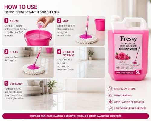 Image of FRESSY Disinfectant Floor Cleaner Liquid 5L - Rose Blossom Multi-Surface Cleaner for Bathroom, Tiles, Marble, Granite & Mosaic | Kills 99.9% Germs | Long Lasting Fragrance