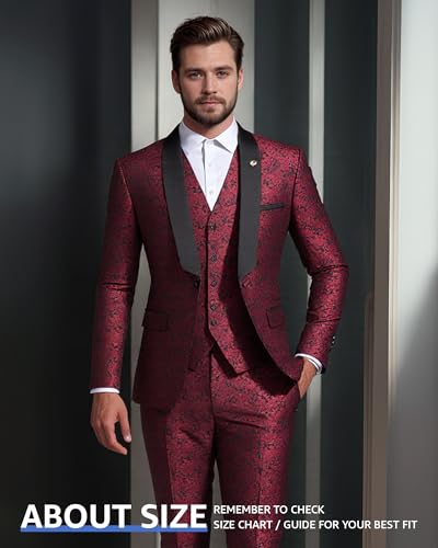 MY'S Men's Floral Tuxedo, 3 Piece Slim Fit Jacquard Suit, Jacket Vest and Pants Shawl Lapel with Bow Tie for Wedding Prom2